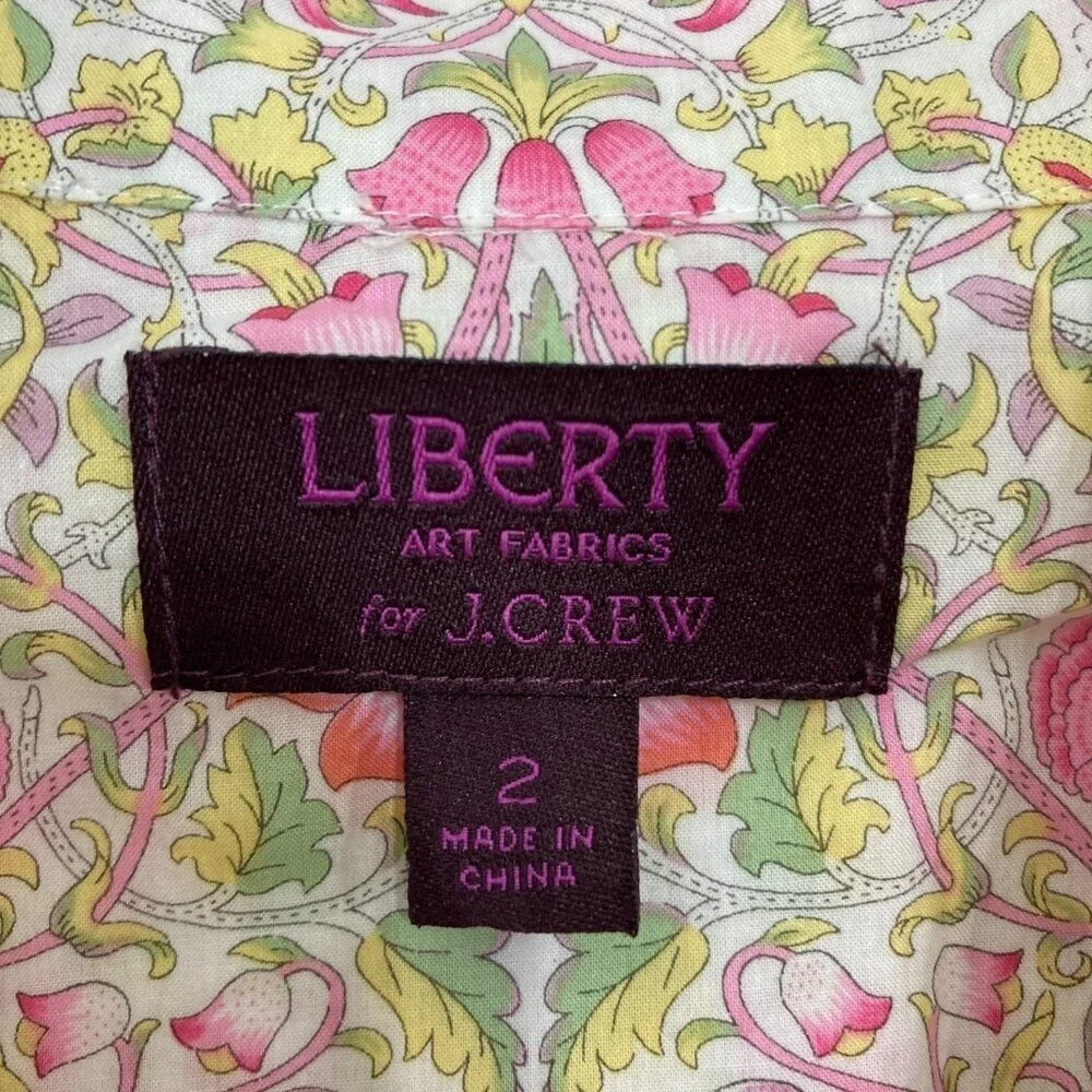 J. Crew sz 2 Liberty Art Fabric Pink Green Floral Lodden‎ Print Button Up Preppy